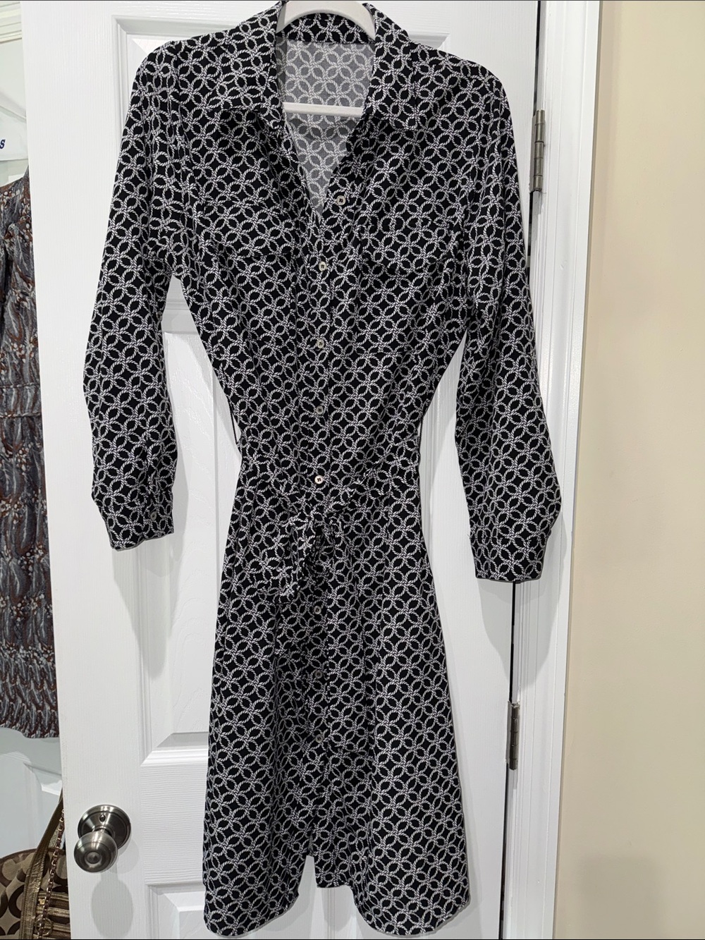 Black & White Patterned Shirt Dress - Classic Tie-Waist
